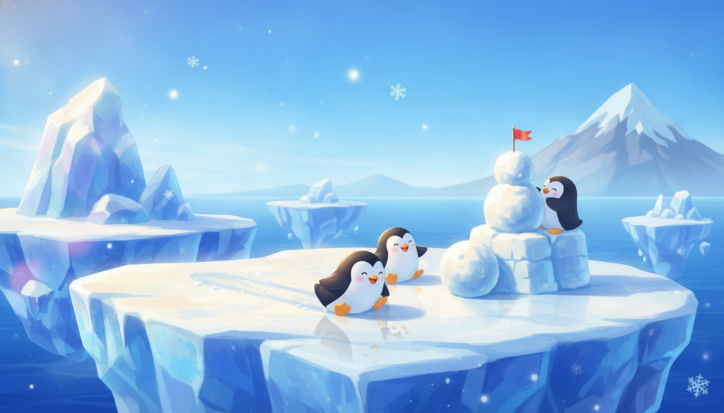 mundo virtual com pinguins na ilha gelada
